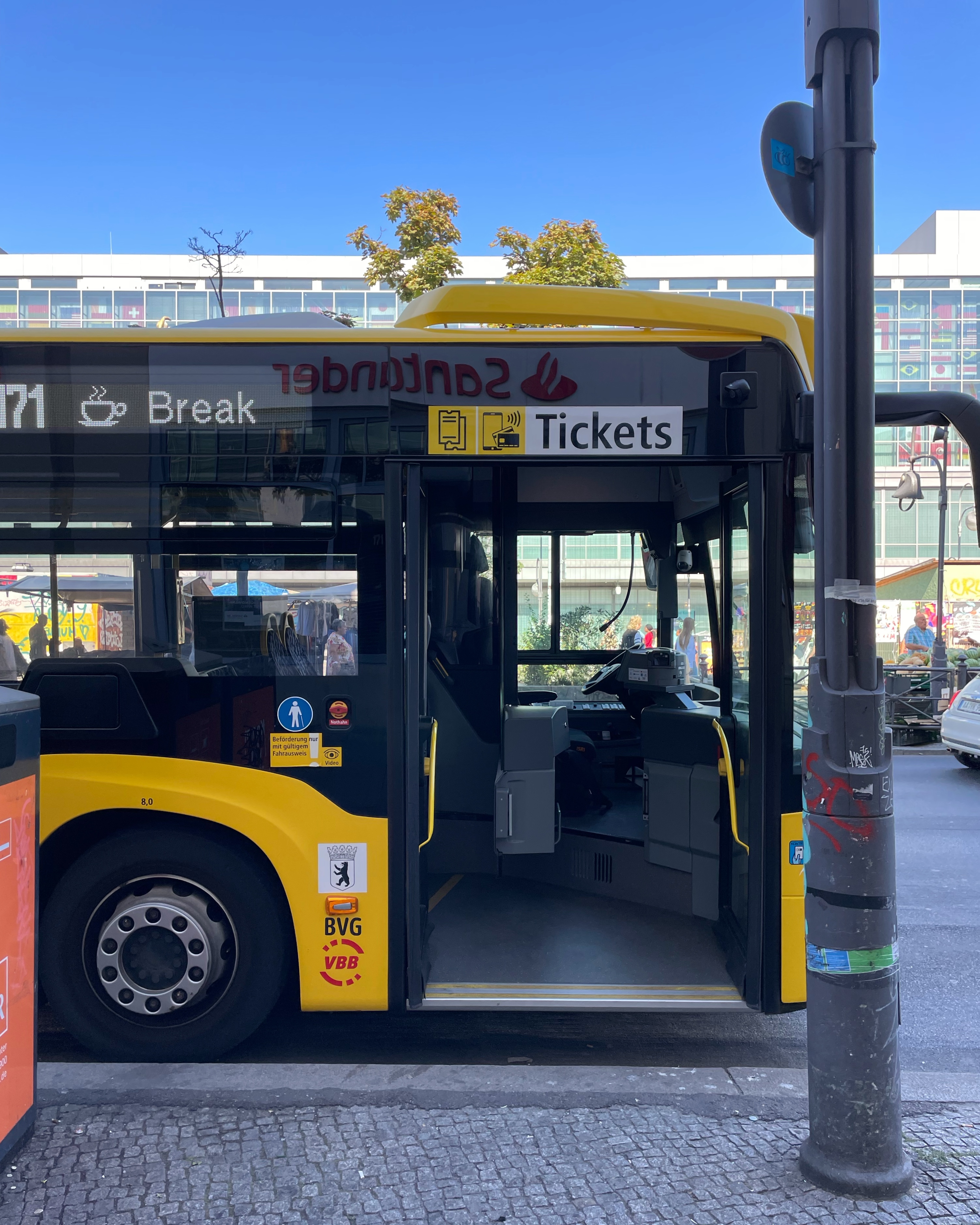 BVG bus parked at hermannplatz with sign for coffee break illuminated